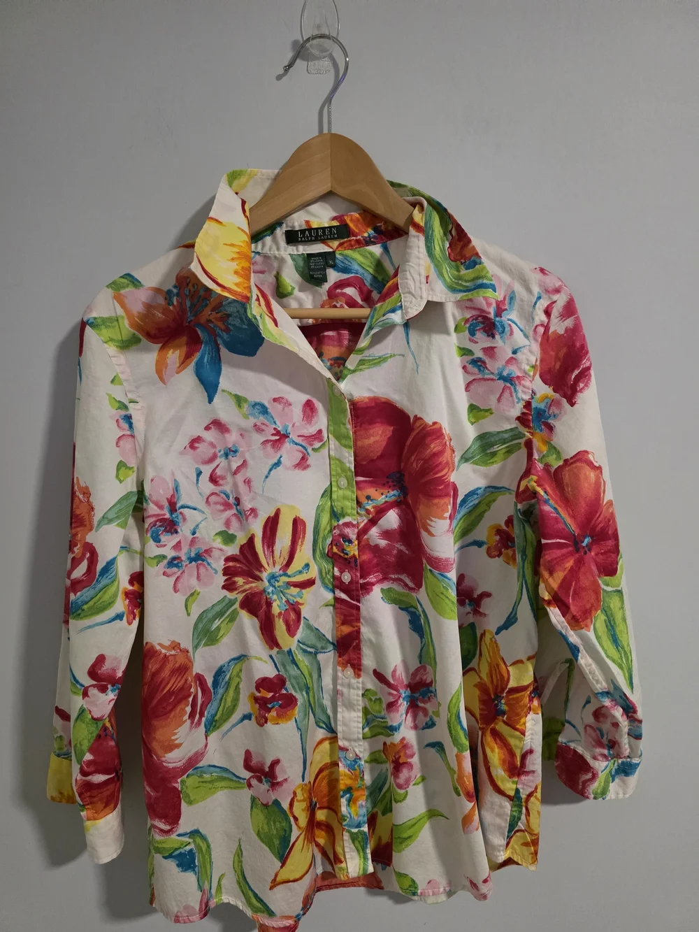 Lauren Ralph Lauren Floral Button Down Shirt XL Cotton Bright Summer Blouse - Picture 2 of 9